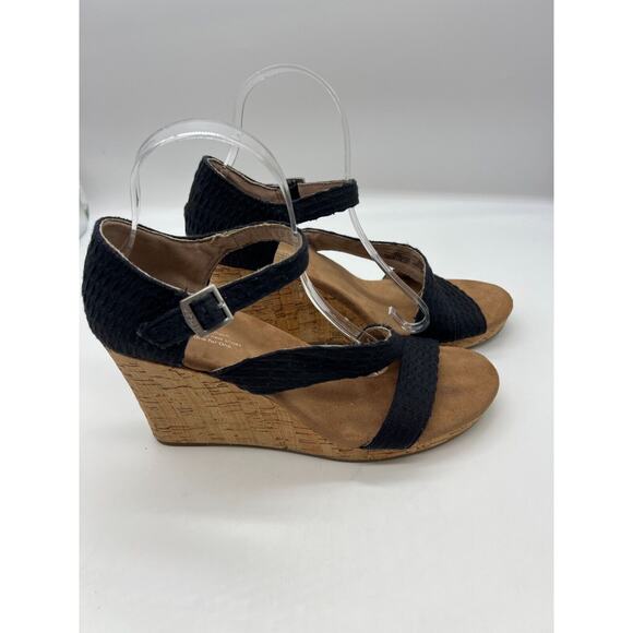 Women's Black Weave/Cork Toms Clarissa Strappy Peep Toe Wedge Sandals Size 10 - Picture 7 of 9